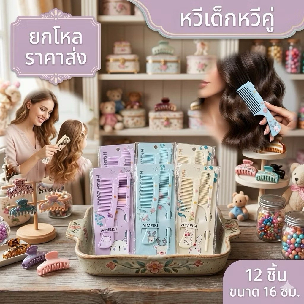 ยกโหล หวีสั้น แบบเซ็ท ลายการ์ตูน คละสีราคาส่ง