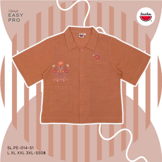 เสื้อแตงโม (SUIKA) - เสื้อผ้าสลาฟคอปกแขนสั้น ตกแต่งงานปักดอกไม้เล็กๆ(ผ้าฝ้ายสลาฟ ไม่ยืด) (SL.PE-014)