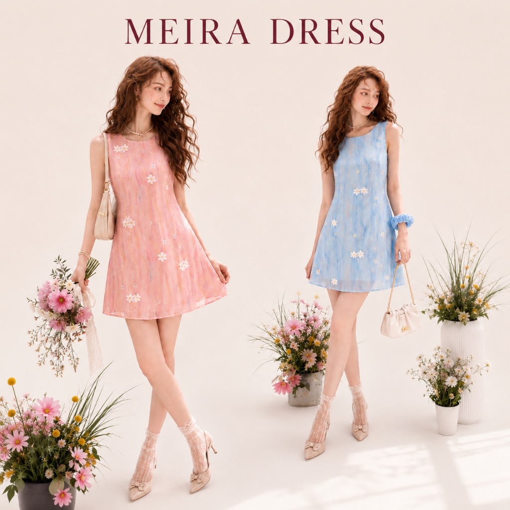 DR0448 LABELLE รุ่น Meira Dress ลายดอกไม้สีฟ้าน่ารัก