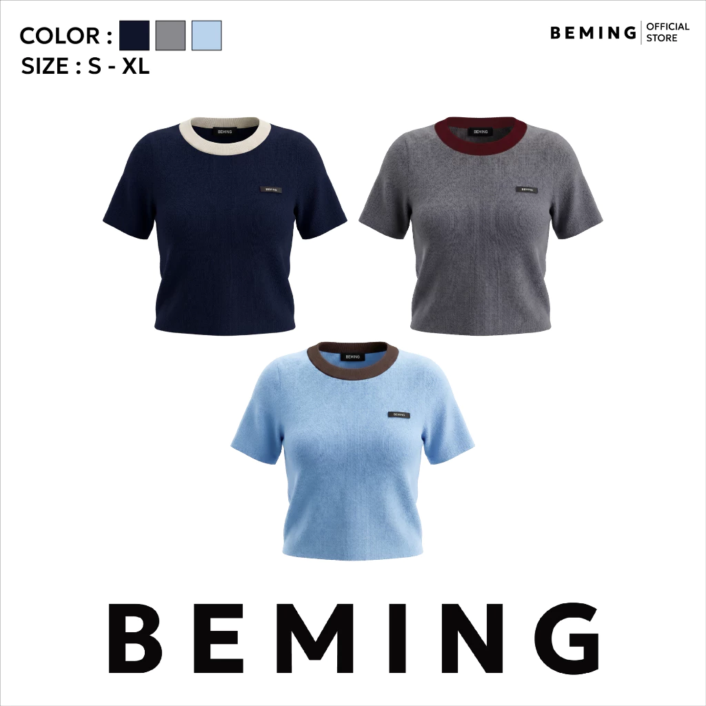 Bemingtop1218(S-XL)-Knit Contrast Tee - เสื้อไหมพรมแขนสั้นดีไซน์คอตัดสี