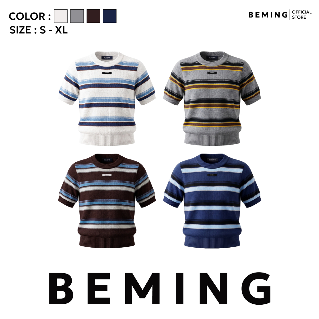 Bemingtop1219(S-XL)-Stripe Knit Tee - เสื้อไหมพรมแขนสั้นลายทาง ดีไซน์คลาสสิก