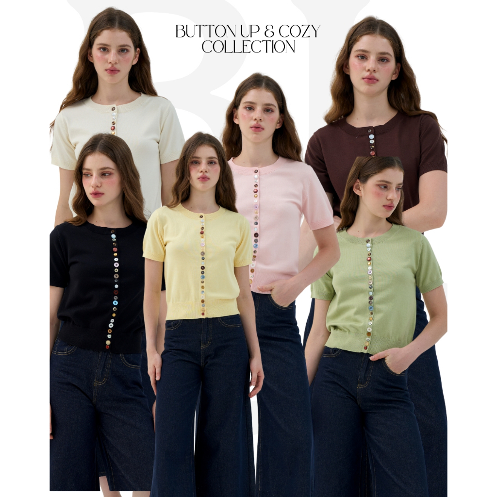 BCTS11 Button Up & Cozy - เสื้อไหมพรมคาร์ดิแกนแขนสั้น ดีเทลกระดุมหลากสีสุดคิ้วท์