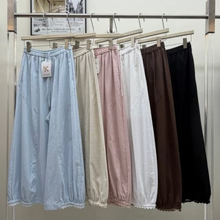 Reallyshops #9532(K) กางเกงจินนี่ขายาว แต่งลูกไม้ปลายขา เอวยางยืด ผู้หญิง พร้อมส่ง
