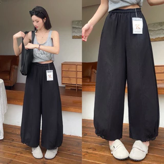 Reallyshops #9532(K) กางเกงจินนี่ขายาว แต่งลูกไม้ปลายขา เอวยางยืด ผู้หญิง พร้อมส่ง
