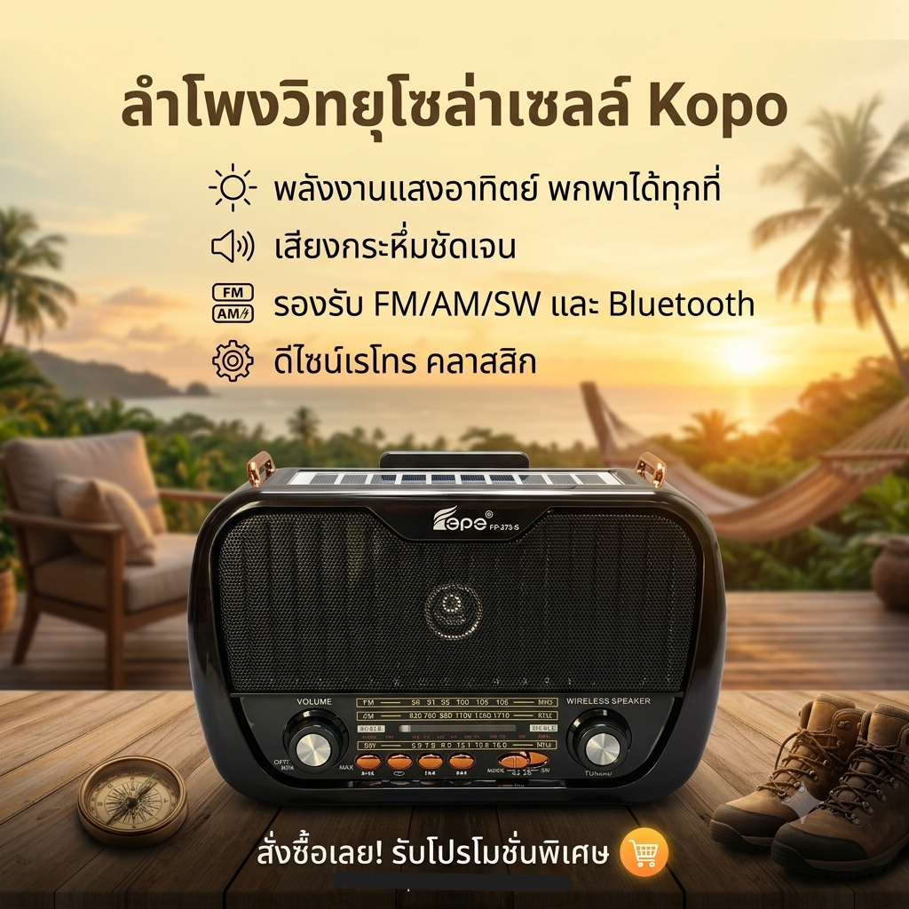 "NEW"⭐วิทยุโซลาร์เซลล์บลูธูท FP-273BT-S เสียบเมม/แฟลชไดร์ฟได้ มีไฟฉาย มีแบตในตัว⭐