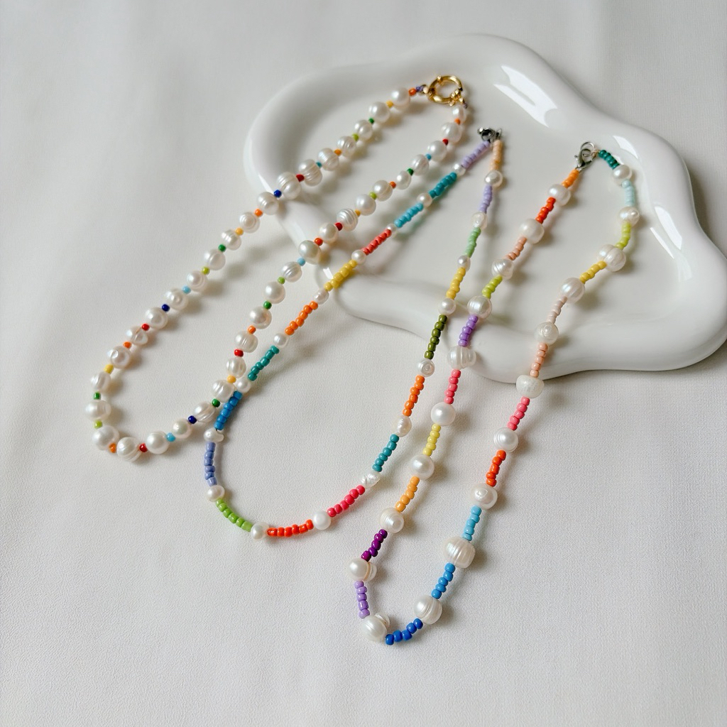สร้อยคอไข่มุกแท้ Unhidden V1 งานเคลียร์สต็อค QC ลูกปัดสีสัน - Tinypearlxoxo N1457