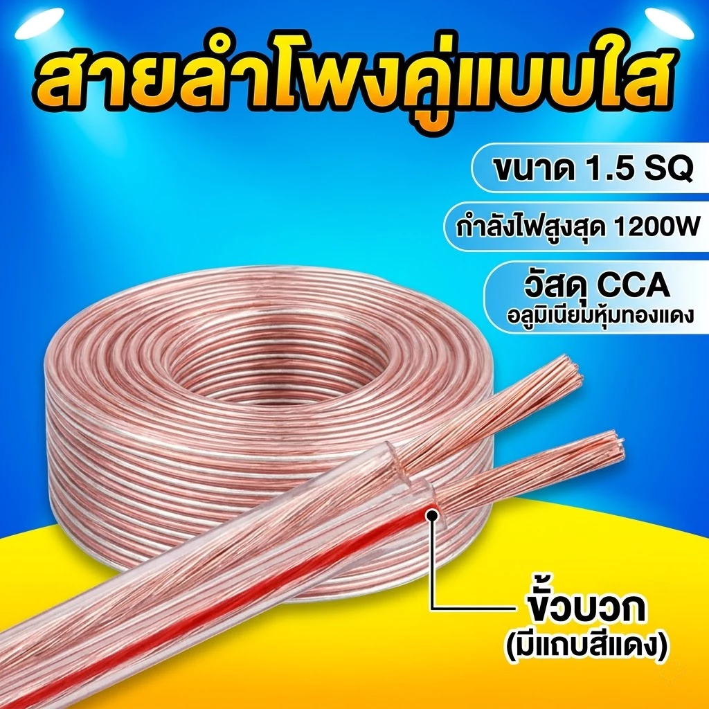 สายลำโพงคู่ใส 1.5 SQ แกน CCA ปลอก PVC ใส ขอบแดงแยกขั้วง่าย รองรับ 1200W สำหรับเครื่องเสียง