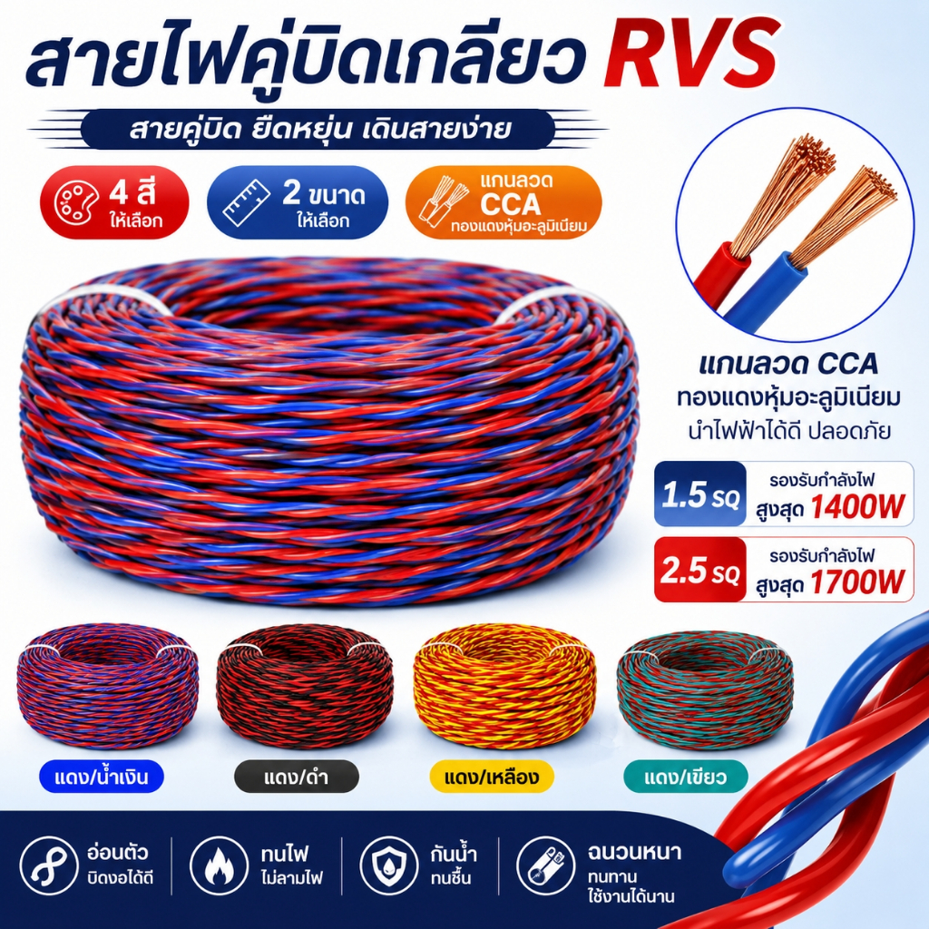 สายไฟคู่บิดเกลียว RVS 1.5 2.5 มม.SQ CCA ทนไฟ กันชื้น ยืดหยุ่น ใช้กับลำโพงและงานเดินสายทั่วไป