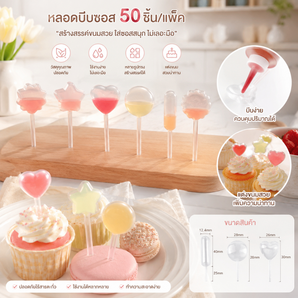 หลอดบีบซอส (50/ชิ้น) ขนาดบรรจุ 4 มิลลิลิตร หลอดบีบแยม ปิเปตบ