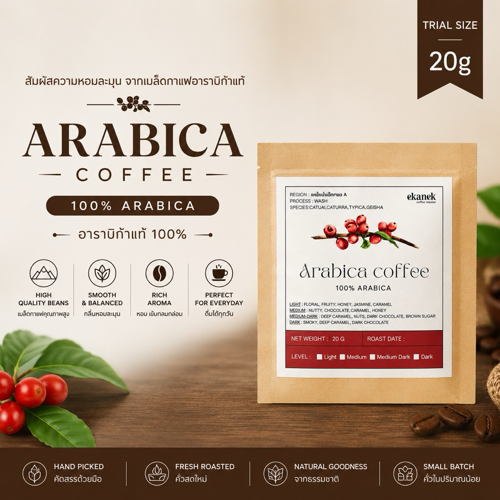 กาแฟคั่ว Arabica 100% ซองทดลอง 20 กรัม | คั่วสดใหม่ | กาแฟดริป เอสเพรสโซ่ มอคค่าพอต