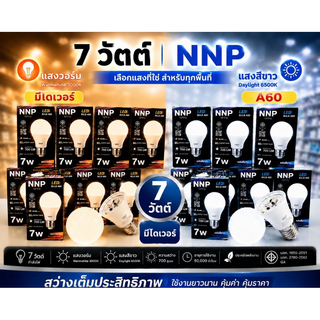 NNP ปิงปอง 7 วัตต์ แสงขาว แสงวอร์ม ปรับโฉมใหม่ LED มีไดเวอร์ ขั้วเกลียว E27. ขนาด A60. หลอดปิงปองประหยัดไฟ
