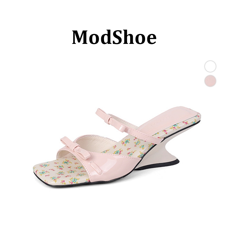 ModShoe รองเท้าส้นสูง สำหรับผู้หญิง Square Toe แต่งโบว์  ส้นหนา 6cm ดีไซน์น่ารัก สวมใส่สบาย