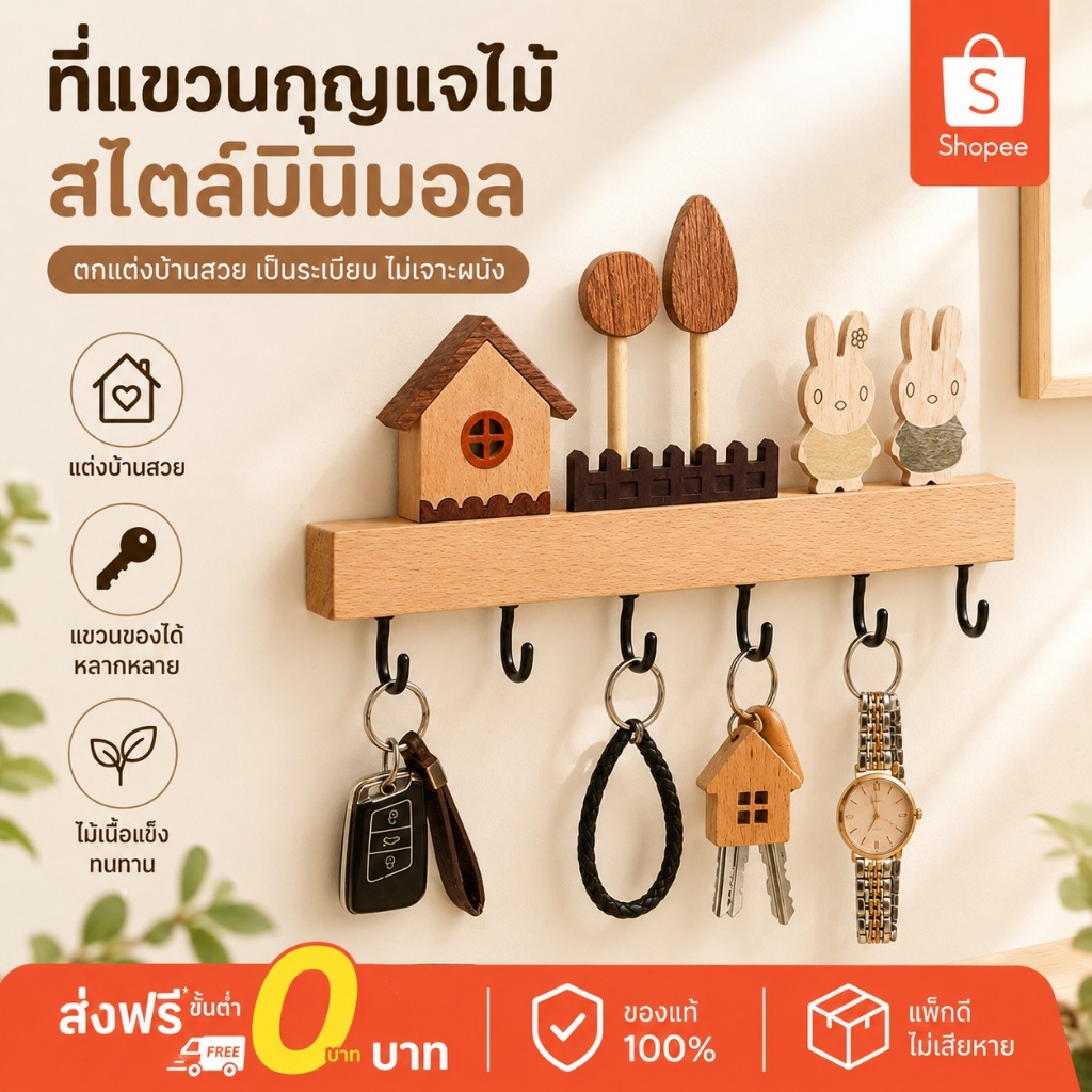 ไม้เนื้อแข็ง ที่แขวนกุญแจ ตะขอติดผนัง ตะขอแขวน ตะขอกุญแจ แข็งแรง พร้อมของตกแต่ง