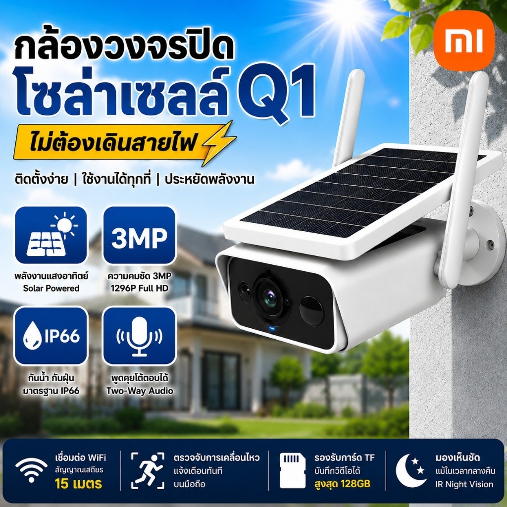 กล้องวงจรปิดโซล่าเซลล์ Q1 3MP ไร้สาย ไม่ต้องเดินสายไฟ Solar CCTV WiFi กันน้ำ IP66 ดูผ่านมือถือ 2 ทาง Night Vision