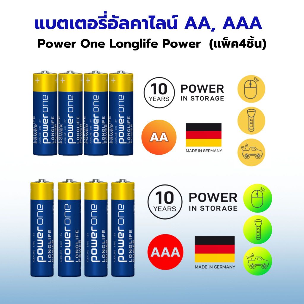 แบตเตอรี่อัลคาไลน์ Power One Longlife Power AA, AAA 1.5V (แพ็ค4ชิ้น) ถ่านอัลคาไลน์ แบตเตอรี่