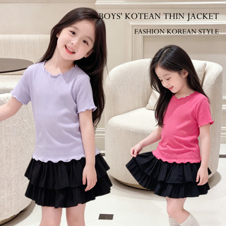 Betterland สไตล์เกาหลี เสื้อยืดเด็กผู้หญิง ผ้าฝ้าย สีพื้น สไตล์หวานๆ ผ้านุ่มใส่สบาย เสื้อยืดเด็กแฟชั่น 2-12 ปี