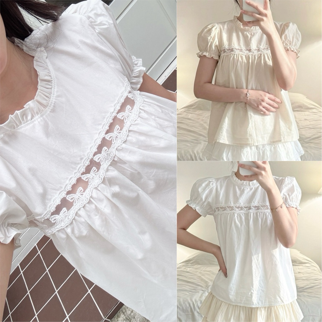 🌟Mamildya.shop🌟 เสื้อแขนตุ้กตาอกลูกไม้โบว์ ตัวยาวน่ารัก /T1-3  /TOT-กลางสูง⚫
