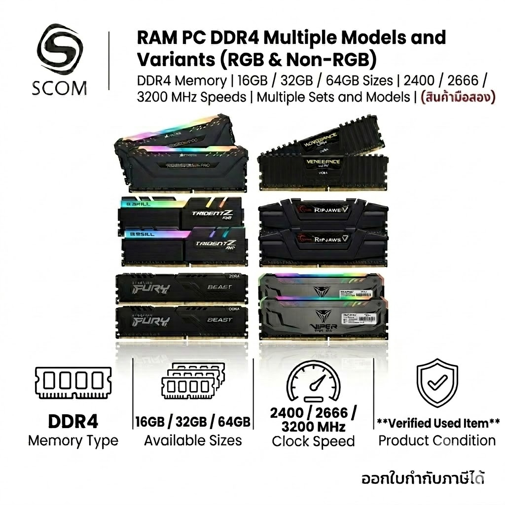 RAM PC DDR4 หลายรุ่น 16GB 32GB 64GB BUS 2400/2666/3200MHz มือสอง