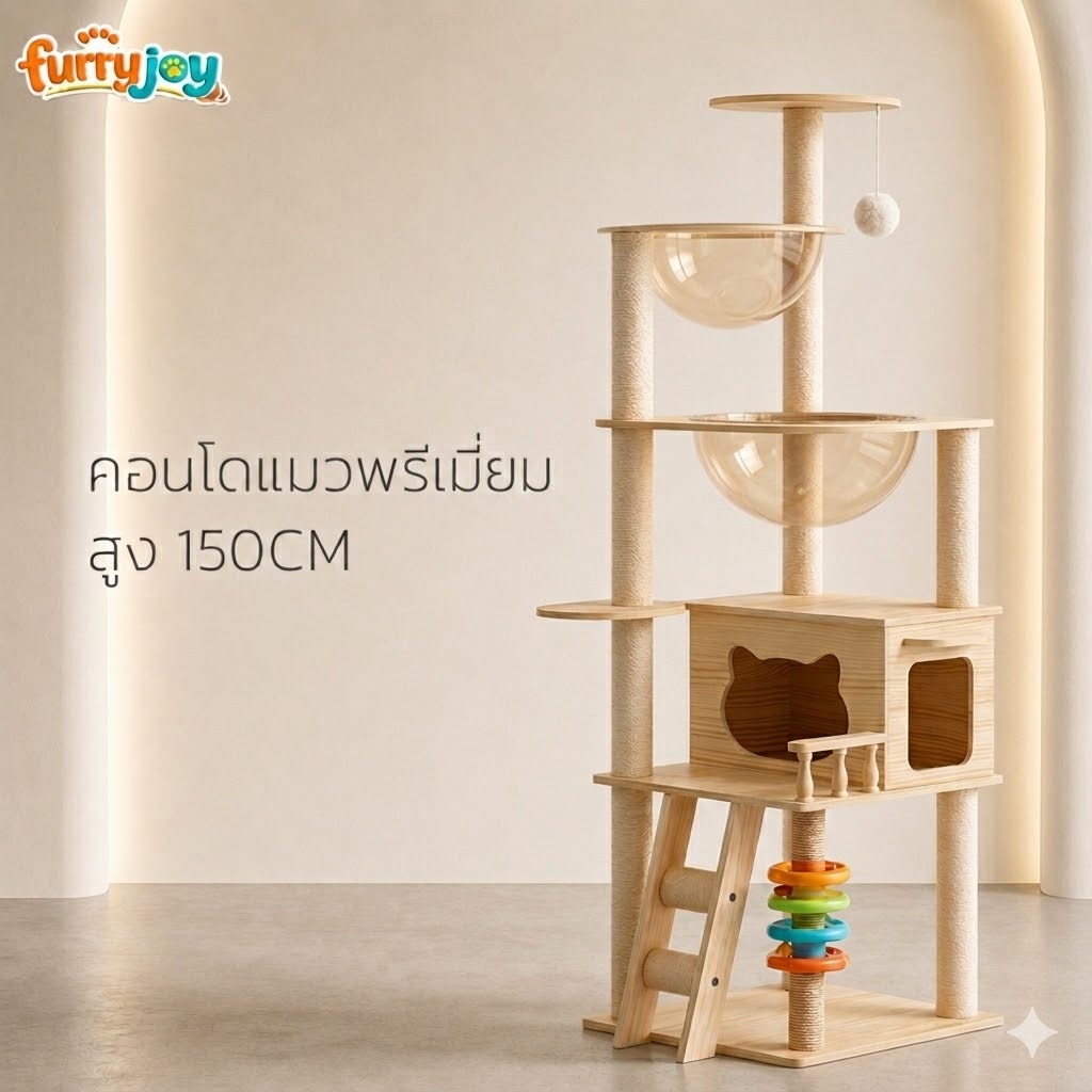 [FurryJoy]คอนโดแมว คอนโดลับเล็บแมว มาพร้อมของเล่นรางบอล เสาผ้ากำมะหยี่ สูง150cm