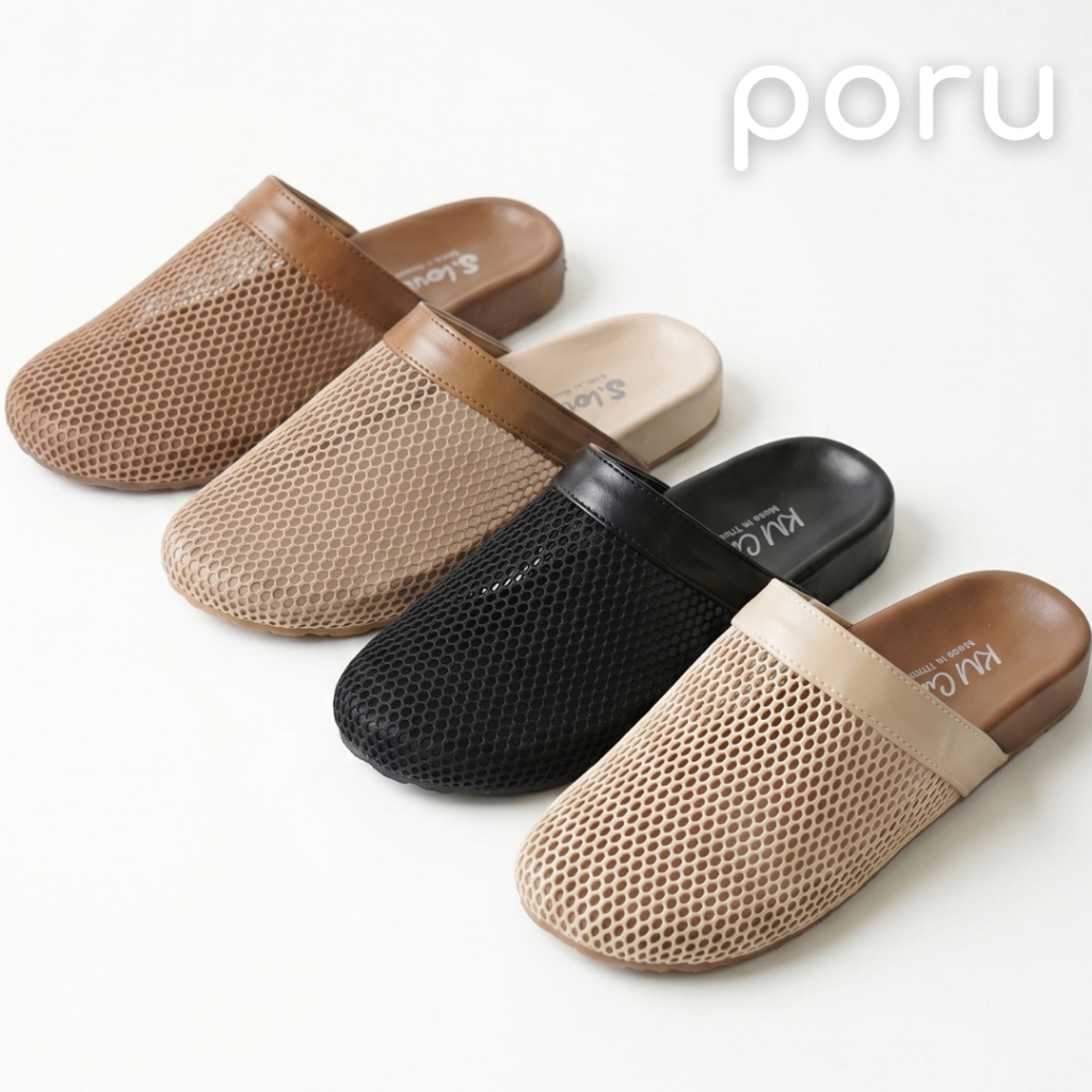 [ส่งฟรี]PORU รองเท้าแตะดีเทลตาข่ายแบบสวม มินิมอล พื้นนุ่มพิเศษ ไซส์ 36-40