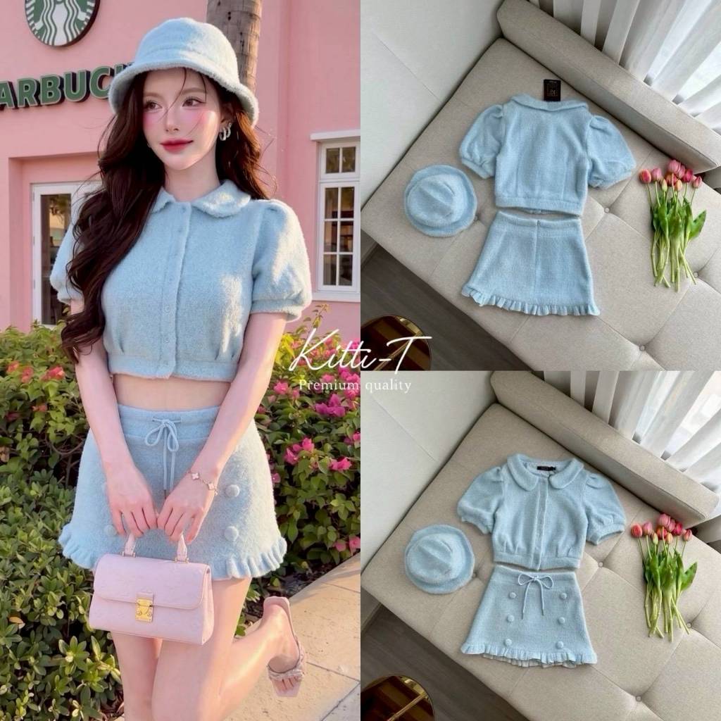 KITTI-T SET (3) ชื้น เสื้อครอปแขนตุ๊กตาเป็นคอปกบัวมน  เพิ่มความอ่อนหวานและดูคลาสสิก