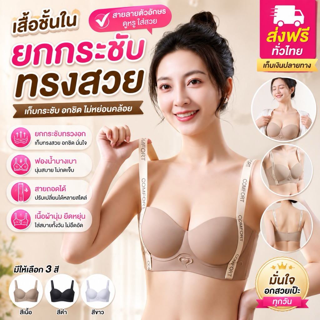 PrettyLady Shop（715）เสื้อชั้นในยกระชับทรวงอก ไร้โครง เสริมฟองน้ำหนานุ่ม ใส่สบาย สายลายตัวอักษร
