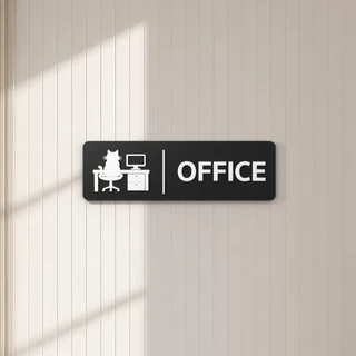 ป้ายสำนักงาน OFFICE พร้อมไอคอนแมวทำงานหน้าคอมพิวเตอร์