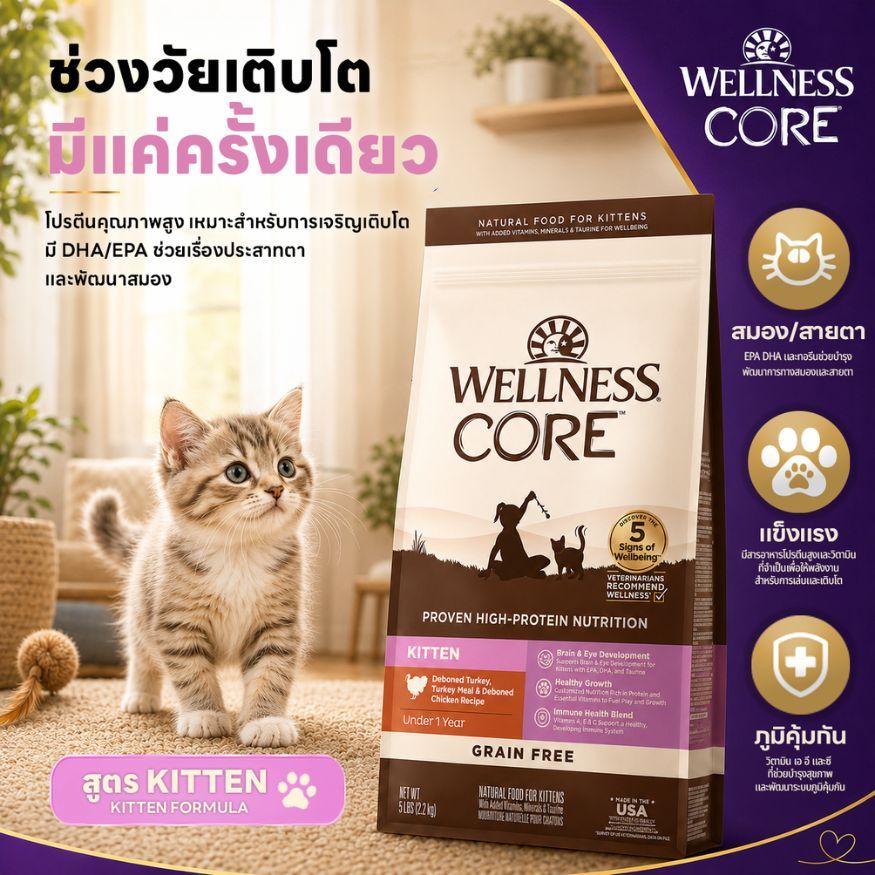 อาหารแมวพรีเมียม WELLNESS CORE สูตร Kitten ลูกแมว 5lb(2.2kg) || 8842 || 8/11/2569