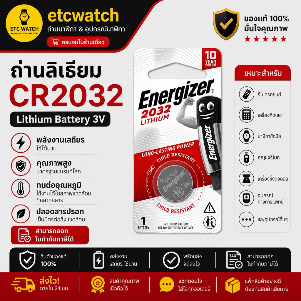 ถ่าน Energizer CR2032 Lithium 3V จำนวน 1 ก้อน
