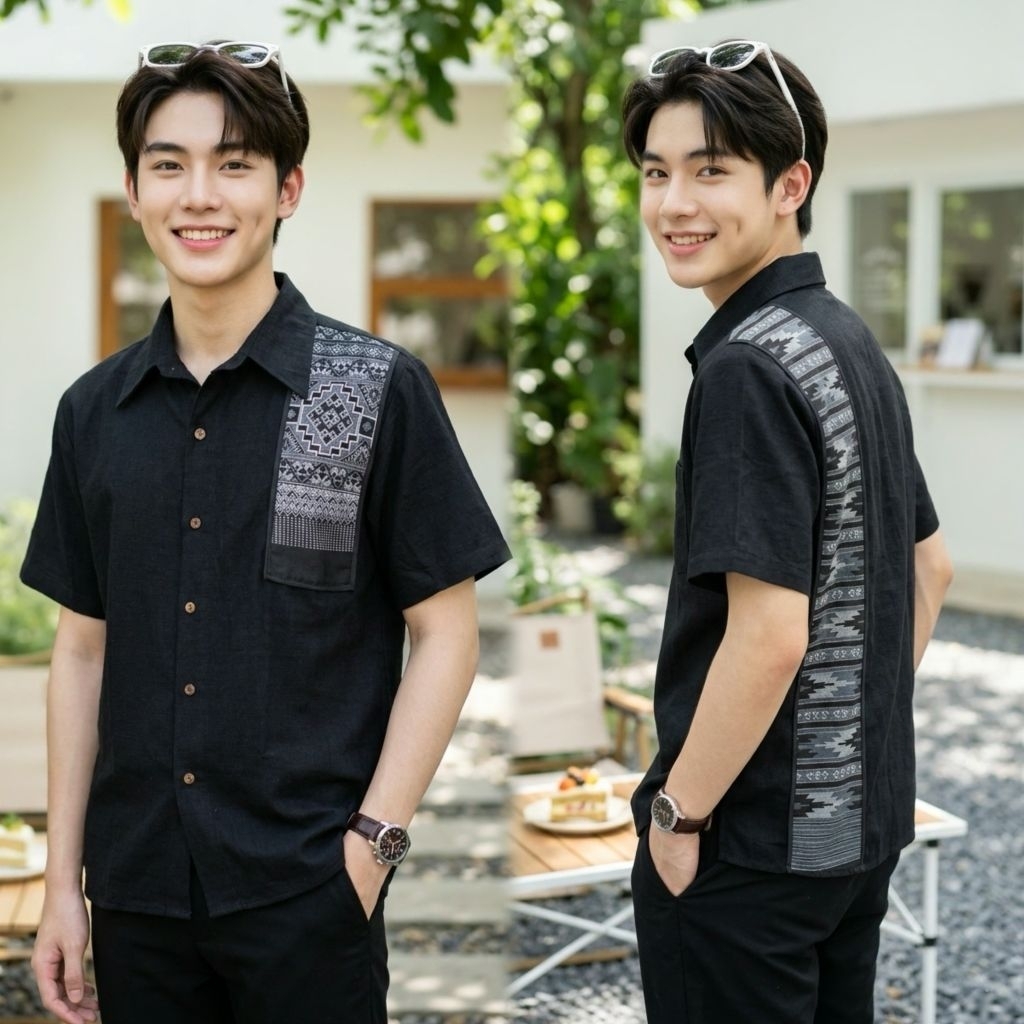 เสื้อพื้นเมืองผู้ชายคอเชิ้ต รุ่น "ศรีสุวรรณโณ ทรงพาดสไบ"