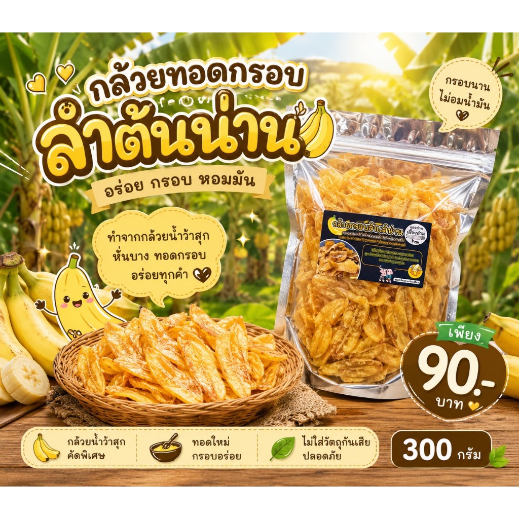 กล้วยกรอบลำเเต้ รสดั้งเดิม หวานธรรมชาติ ถุงเล็ก 60 กรัม และถุงกลาง 90 กรัม เลือกสั่งได้