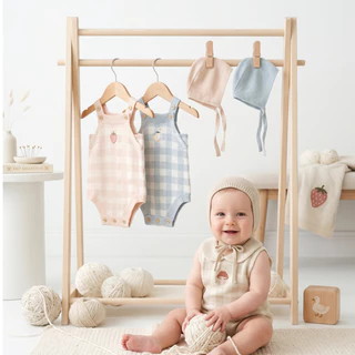Snow Owl Gingham ชุดเอี๊ยมไหมพรม จากใยไผ่นุ่มๆ 100% Gentle Bamboo Knit Baby Overalls