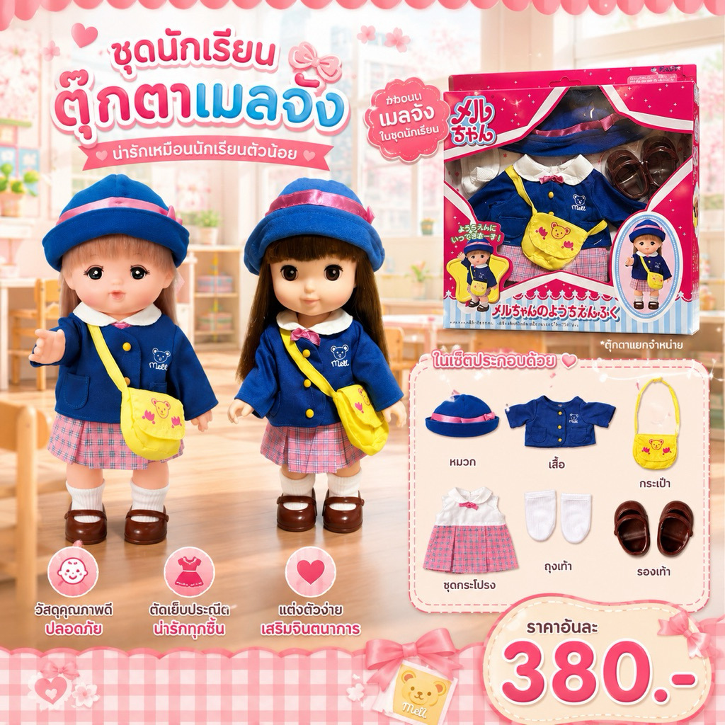 ชุดเสื้อผ้าตุ๊กตา Mell Chan ของแท้ มือหนึ่ง ครบเซท ชุดนักเรียนญี่ปุ่น น่ารัก