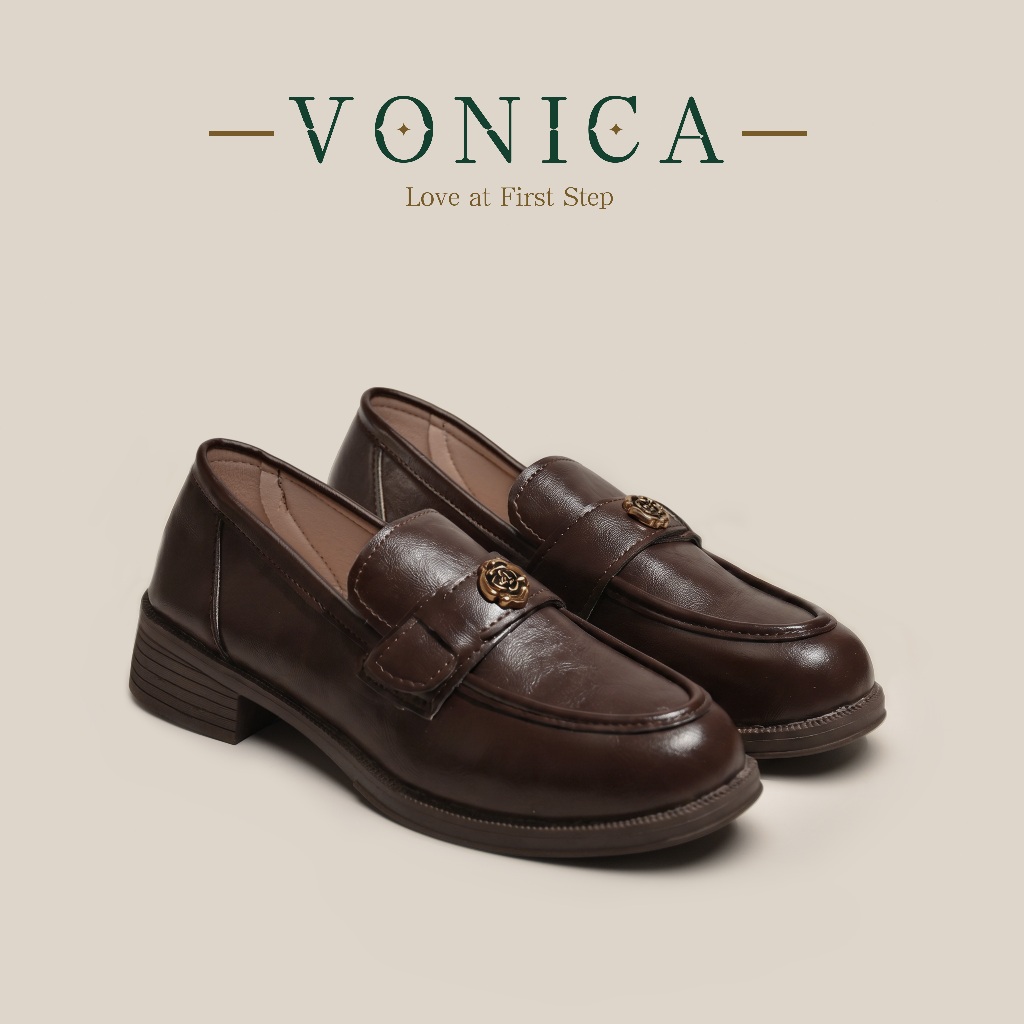 VONICA ส้นหนา สไตล์อังกฤษ การเดินทางในชีวิตประจำวันการเดินทางของนักเรียนช้อปปิ้งรองเท้าหนั