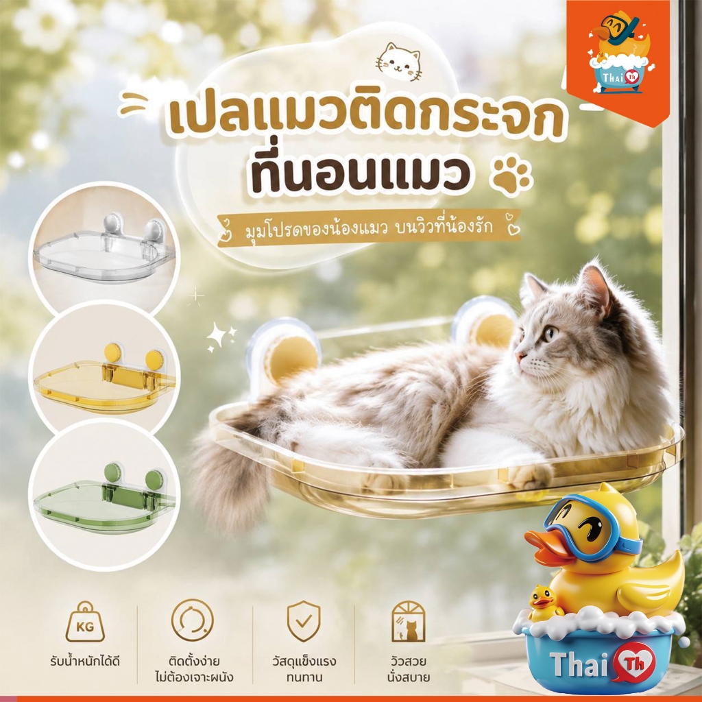 Thai.th เปลแมวติดกระจก สีใส  ที่นอนสัตว์เลี้ยง มีพร้อมส่ง Cloudsbed