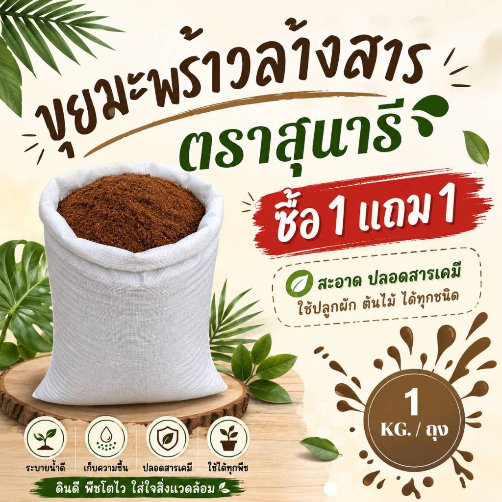 ขุยมะพร้าวล้างสารแทนนิน ตราสุนารี ขนาดถุงละ 1 กก .(1 แถม 1 รวม 2 กก.)