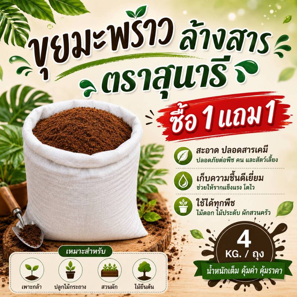 ขุยมะพร้าวล้างสารแทนนิน ตราสุนารี ขนาดถุงละ 4  กก.   ( 1 แถม 1 รวม 8 กก.)