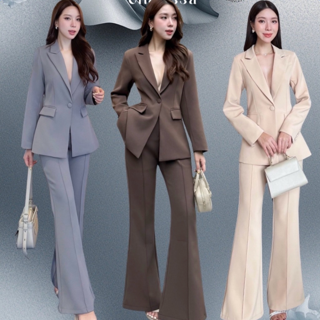D8 งานป้าย Charissa Set เซ็ตเสื้อสูท+กางเกงขายาว สีพื้น สำหรับผู้หญิง สาวอวบ ชุดออกงาน ไซส์ S-2XL #80020