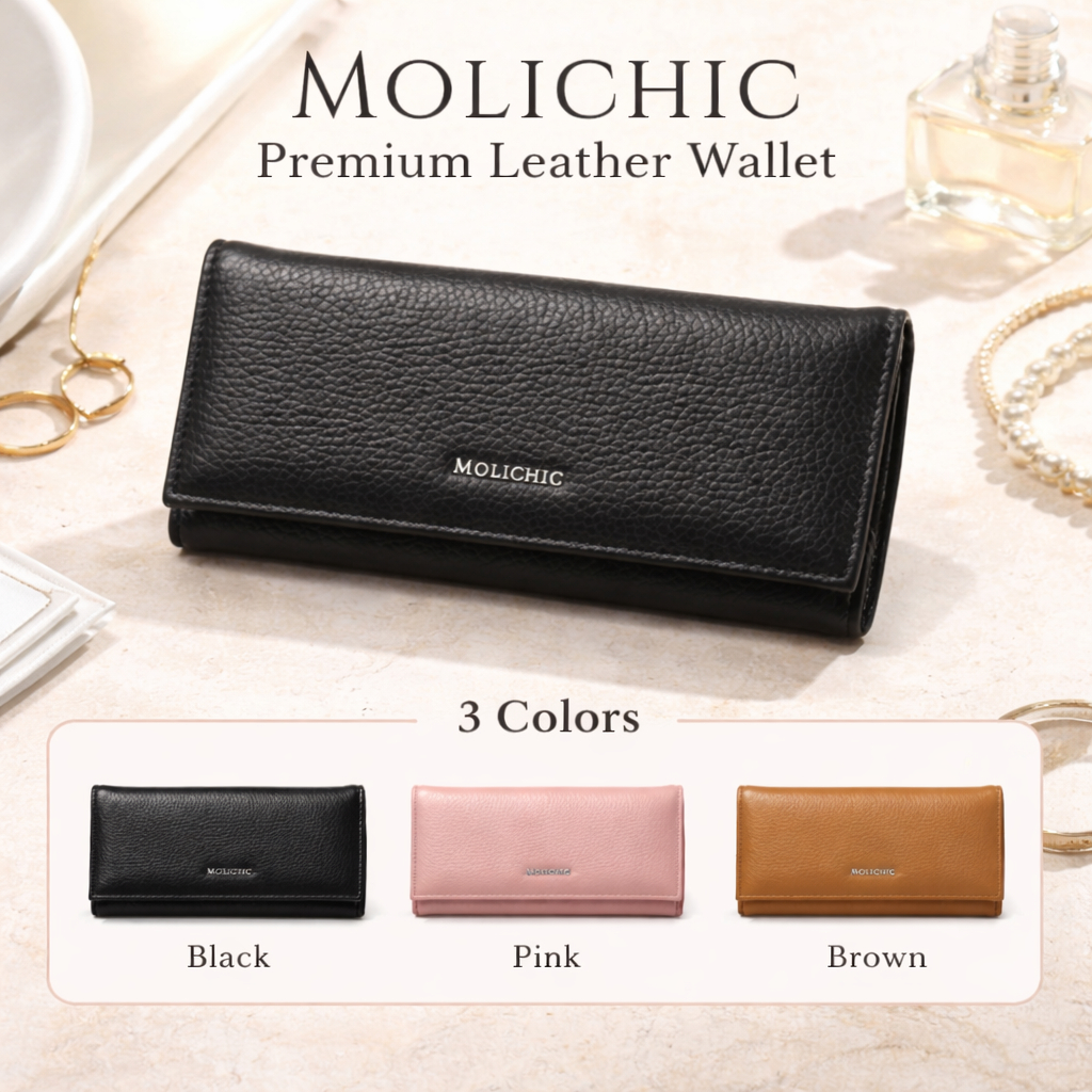 MOLICHIC กระเป๋าสตางค์ใบยาว กระเป๋าสตางค์ 3 พับ หนัง PU ขนาดกระทัดรัด นิ่ม งานดี