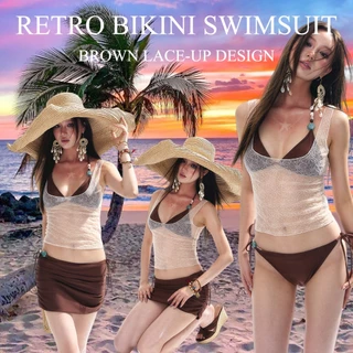 ชุดว่ายน้ำ bikini ลายสก็อต สไตล์โบฮีเมียน เรโทร สีน้ำตาล เมลาร์ด ชุดไปทะเล ฤดูร้อน สไตล์หลากหลาย