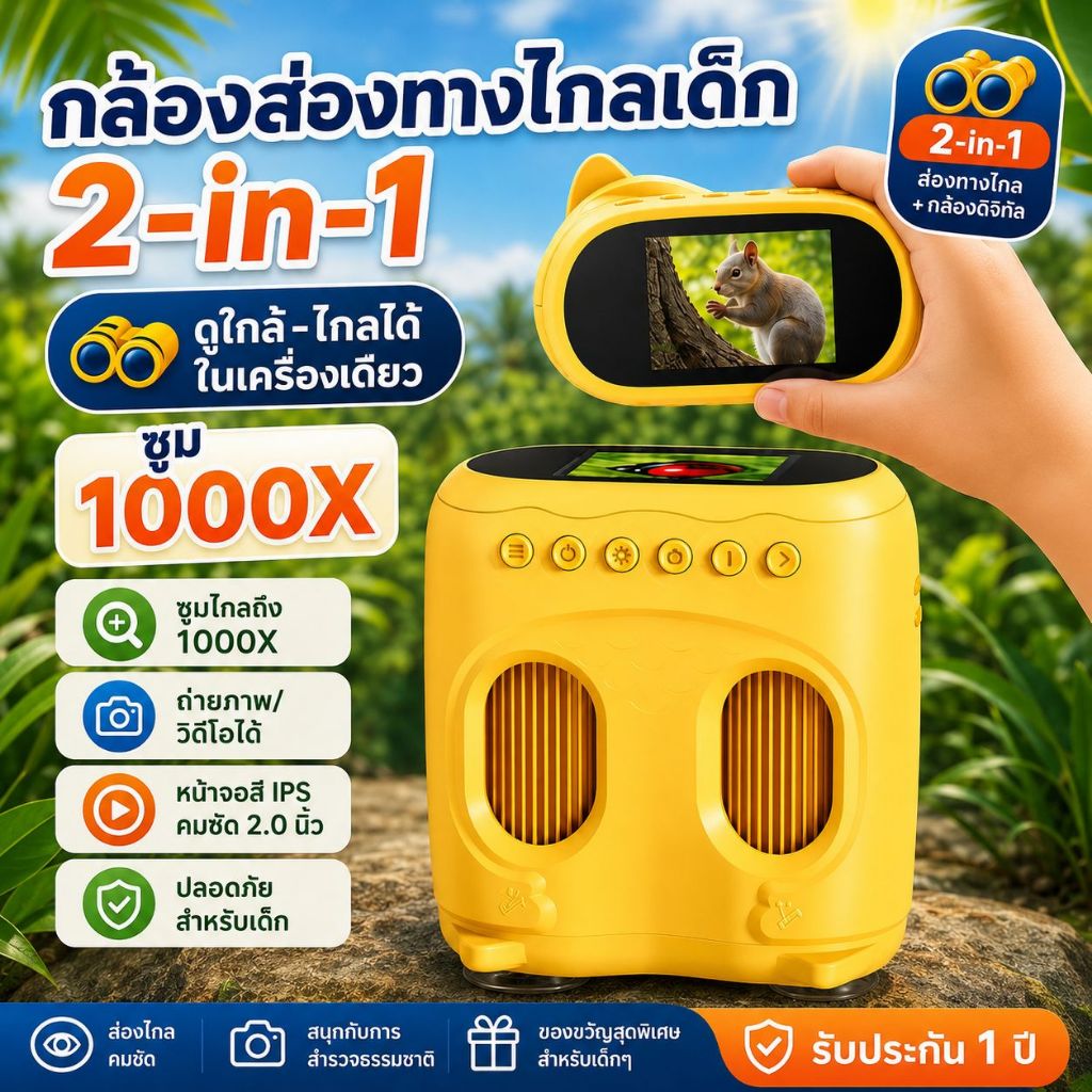 กล้องจุลทรรศน์และกล้องส่องทางไกล 2in1 สำหรับเด็ก 1000X กล้อง HD 1080P หน้าจอ 2 นิ้ว ของเล่นวิทยาศาสตร์ STEM