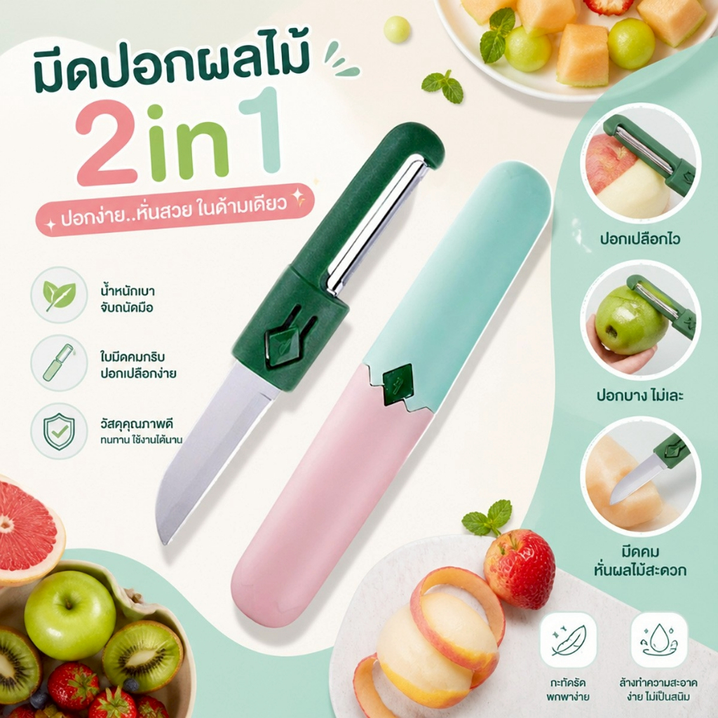 มีดปอกเปลือกผลไม้ 2in1 อเนกประสงค์ พร้อมปลอกป้องกันใบมีด น้ำหนักเบา จับถนัดมือ พกง่าย
