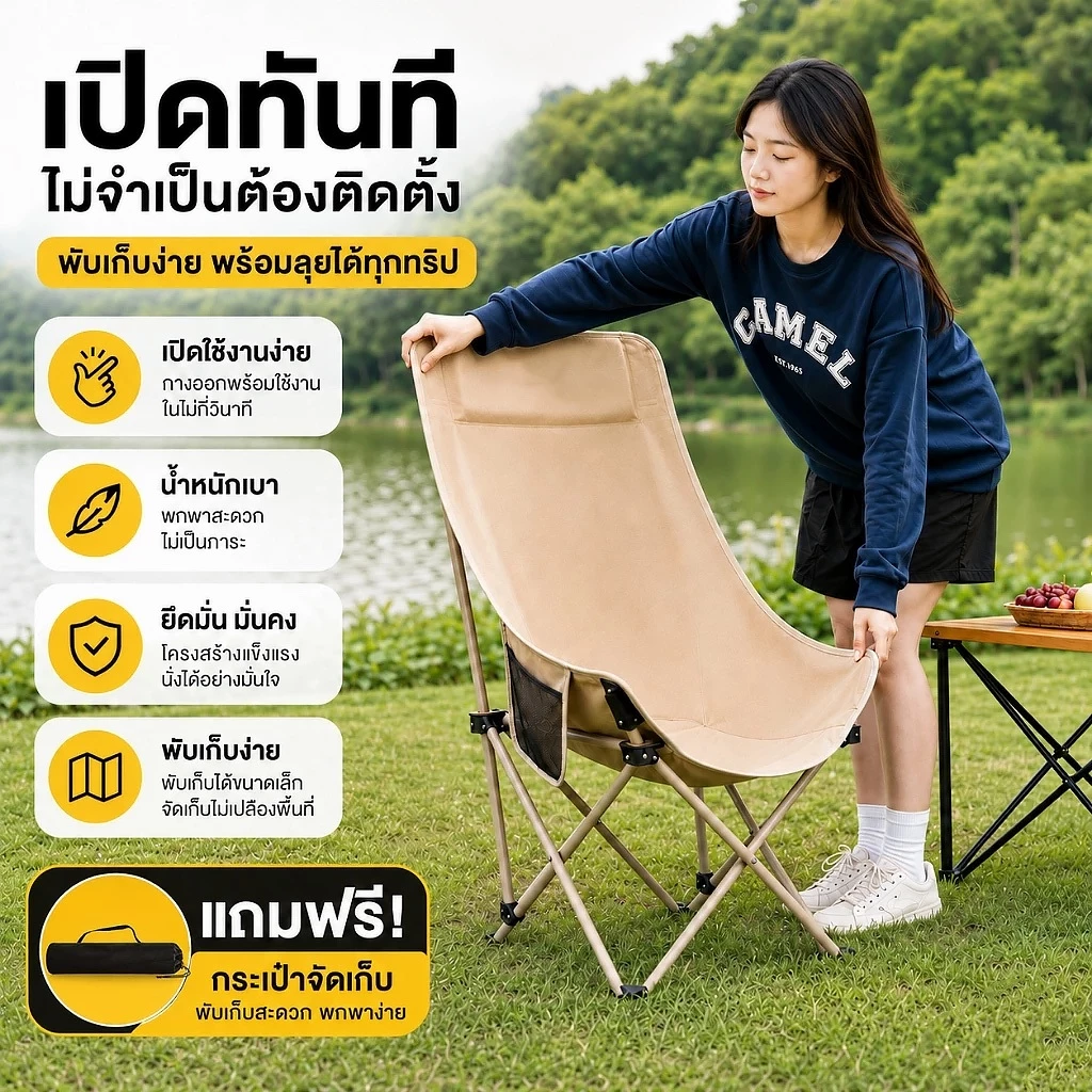 เก้าอี้แคมป์ปิ้ง พนักพิงสูง พับได้ แบบพกพา thumbnail 7