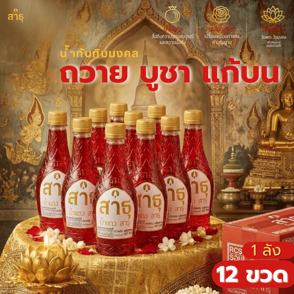 (12 ขวด)น้ำแดงสาธุ สาธุน้ำแดง น้ำทับทิมกลิ่นกุหลาบ  ดื่มได้ ไหว้ดี เสริมมงคล