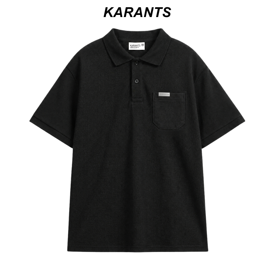 [เคลียร์สต็อก] Karants เสื้อโปโล Oversize ผ้า Cotton Pique แต่งกระเป๋า ติดแถบโลหะ สีพื้น - KR480