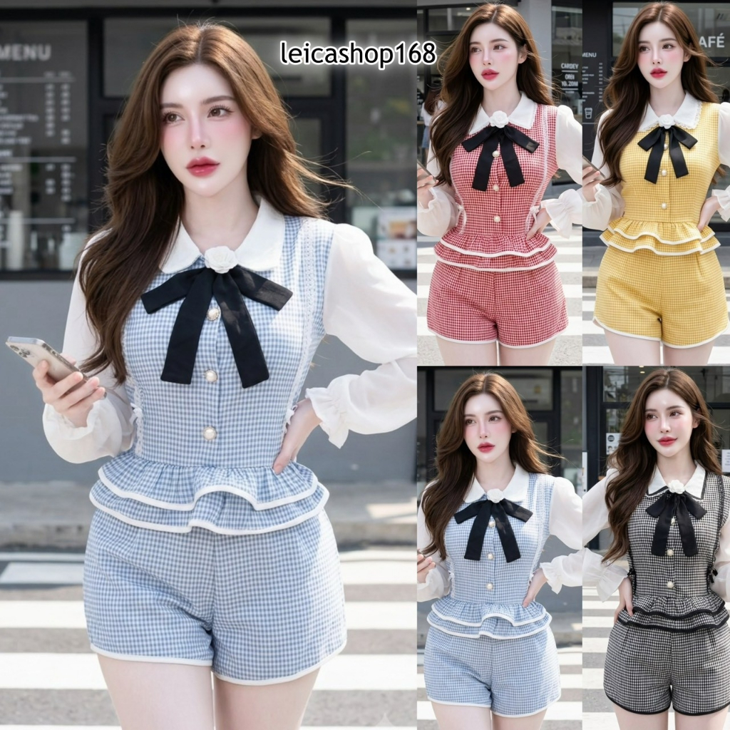 สินค้าพร้อมส่ง ชุดเซตสั้น ผ้าไหมอิตาลีพิมพ์ลายสก็อต เสื้อแขนยาวแต่งผ้าซีฟอง คอปกกระดุมหน้าชายระบายแต่งกุ้น+เข็มกลัดดอก3D