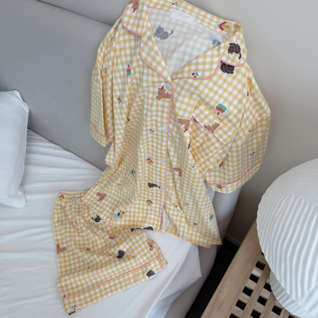 (Bunny bear) Honey bear - ชุดนอนผ้า Cotton แขนสั้นขาสั้น สไตล์เกาหลี มินิมอล ขนาดฟรีไซส์ อก44