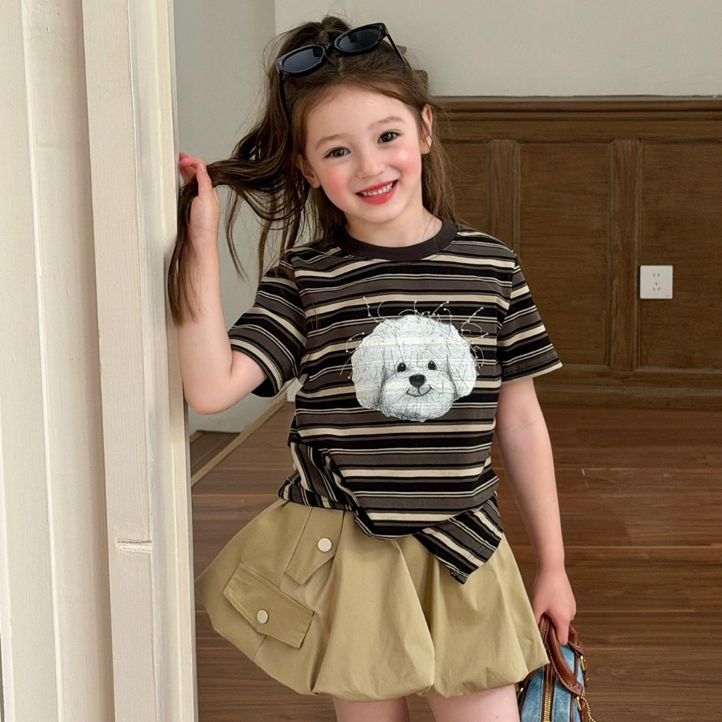 MC342  ชุดเด็กเกาหลี เสื้อยืดลายทาง กระโปรงทรงบอลลูน ใส่เที่ยว