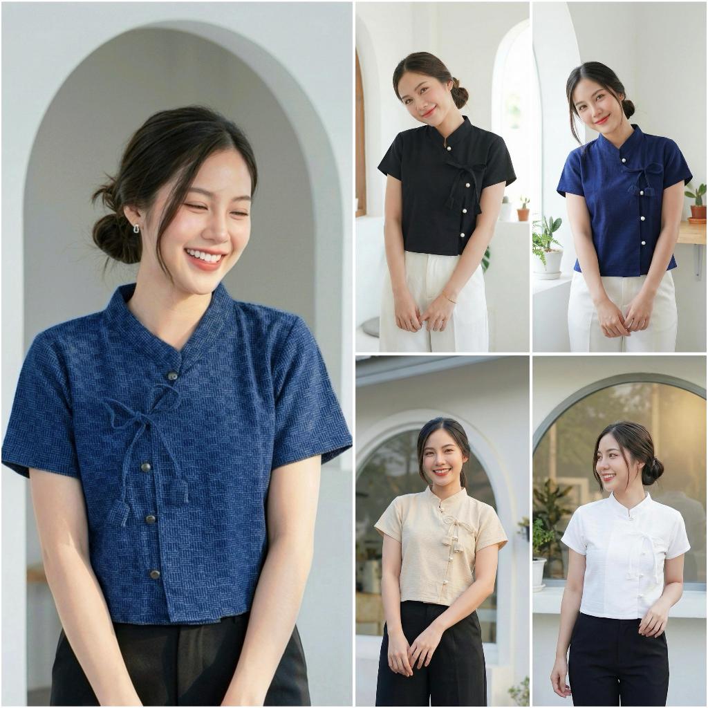เสื้อผ้าฝ้ายผู้หญิง ผูกโบว์ดอกทิวลิป แต่งกระดุมมุก ทรงป้ายผูกโบว์ เสื้อผ้าฝ้าย