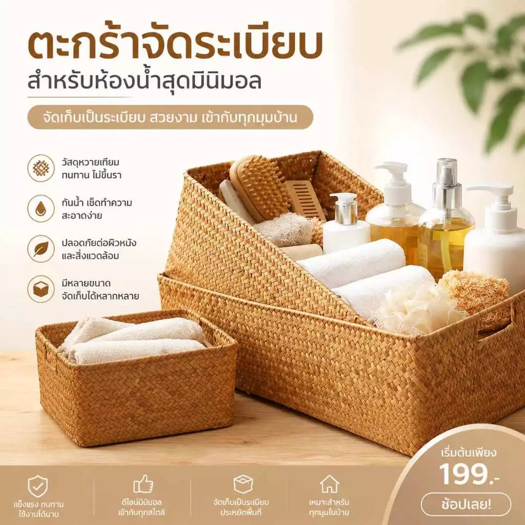 ตะกร้าหวายสานอเนกประสงค์ สำหรับจัดเก็บของใช้ในบ้าน จัดระเบียบห้องน้ำ ห้องนอน และโต๊ะเครื่องแป้ง